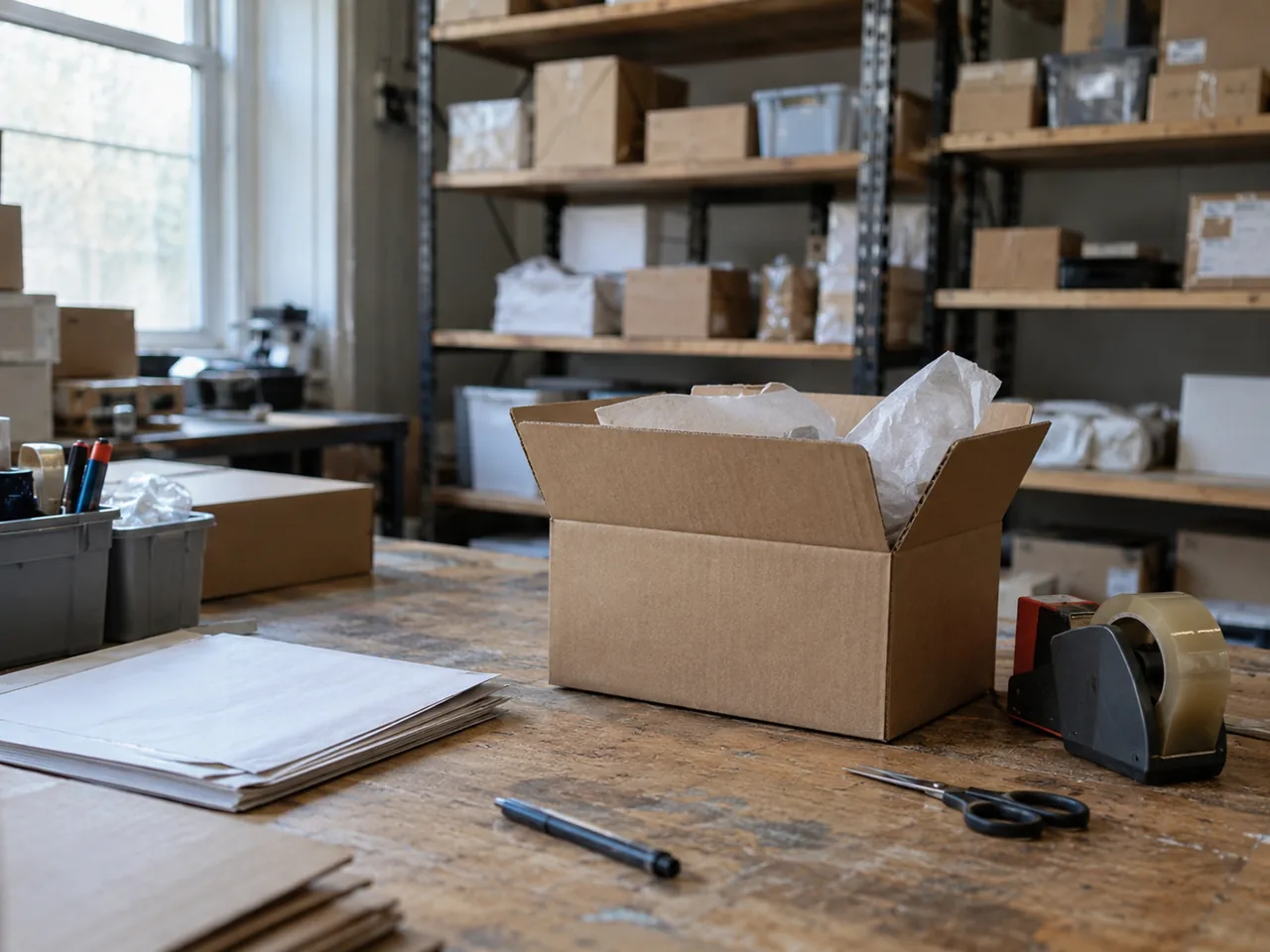 Illustrative merchant packing bench with a parcel and order papers