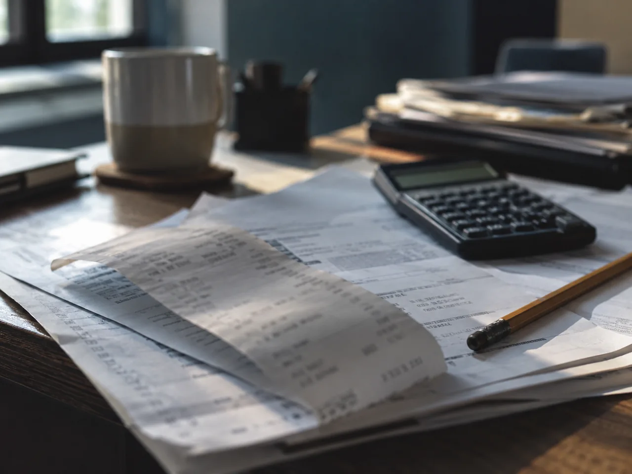 Illustrative desk with payment receipts, statements, calculator and pencil