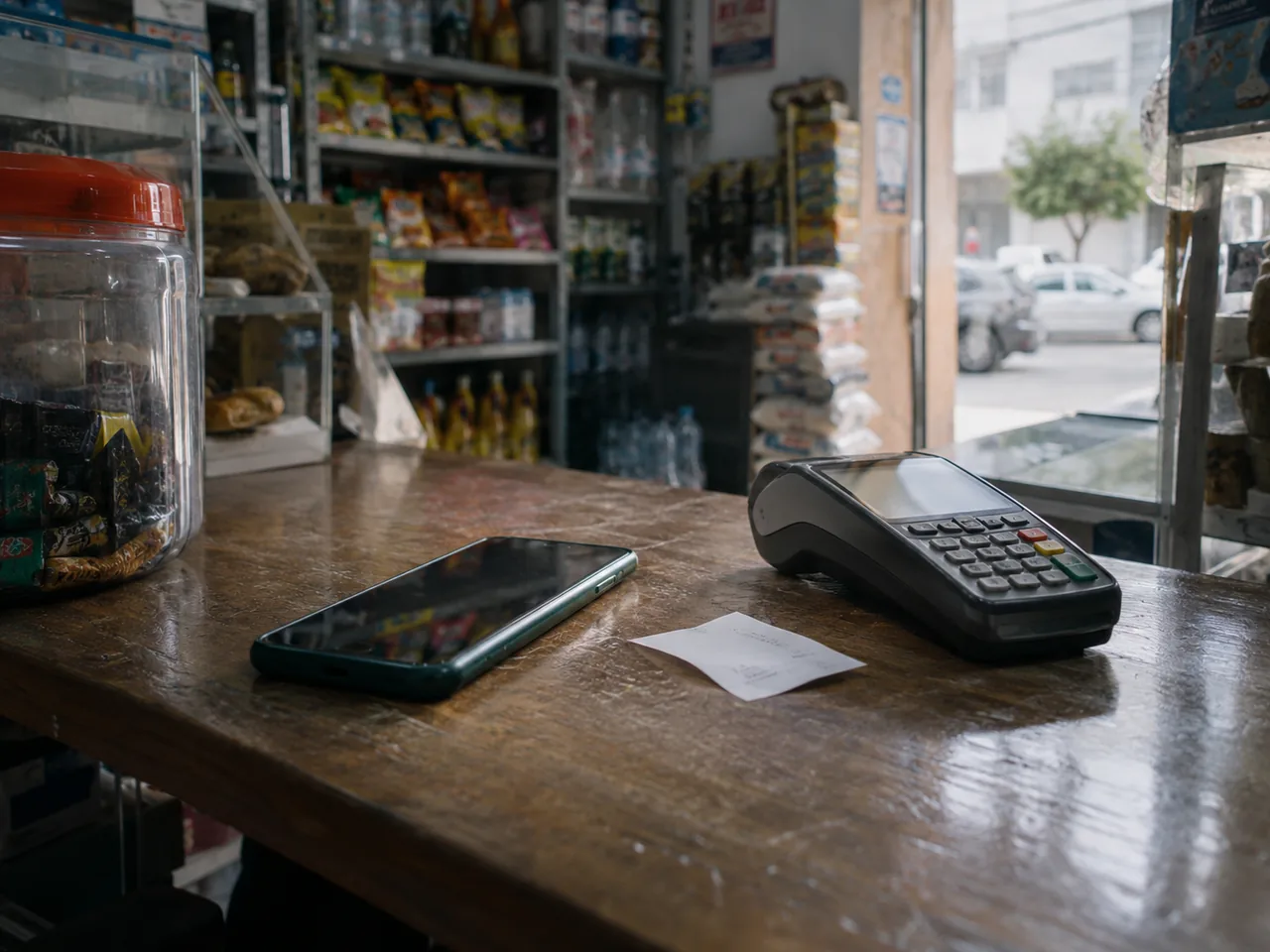 Illustrative shop counter with a phone, card terminal and paper receipt